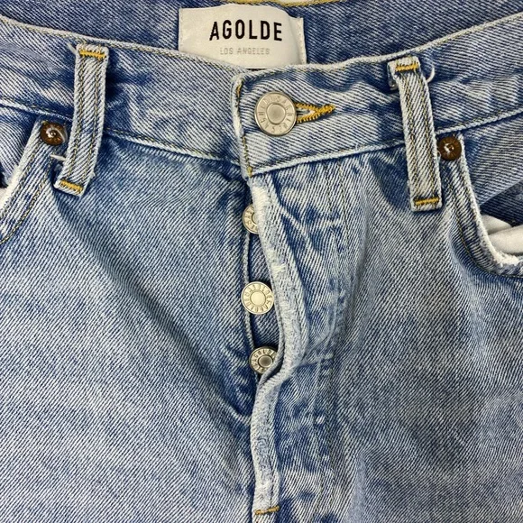 AGOLDE Parker Long Distressed Button Fly Blue Shorts Women’s size 28 - Picture 11 of 15